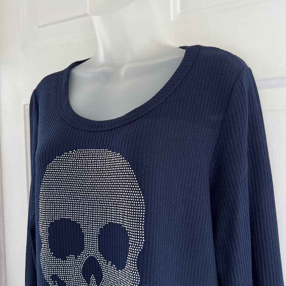 Vocal Top Womens XL Navy Blue Skull Rhinestone Long Sleeve Ribbed USA Gothic Y2K - Picture 2 of 16